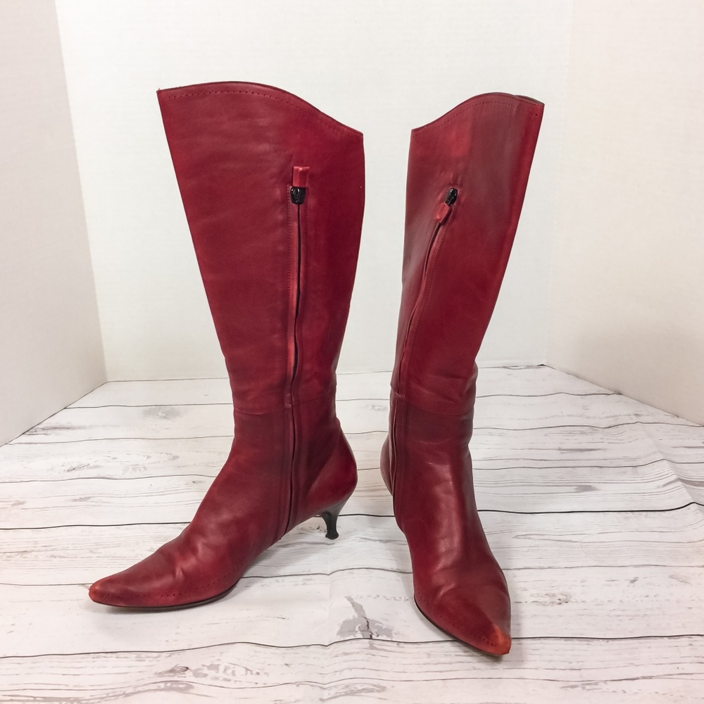 Costume National Kitten Heel Oxblood Leather Boots